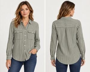 Beachlunchlounge XS Sage Green White Striped Button Up Shirt Roll Tab Sleeve